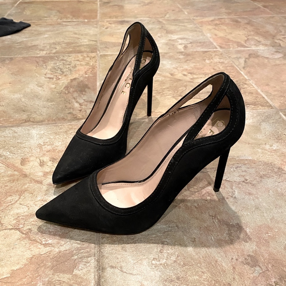 OFFICE LONDON Black Suede Pointed Toe High Hell with cutouts